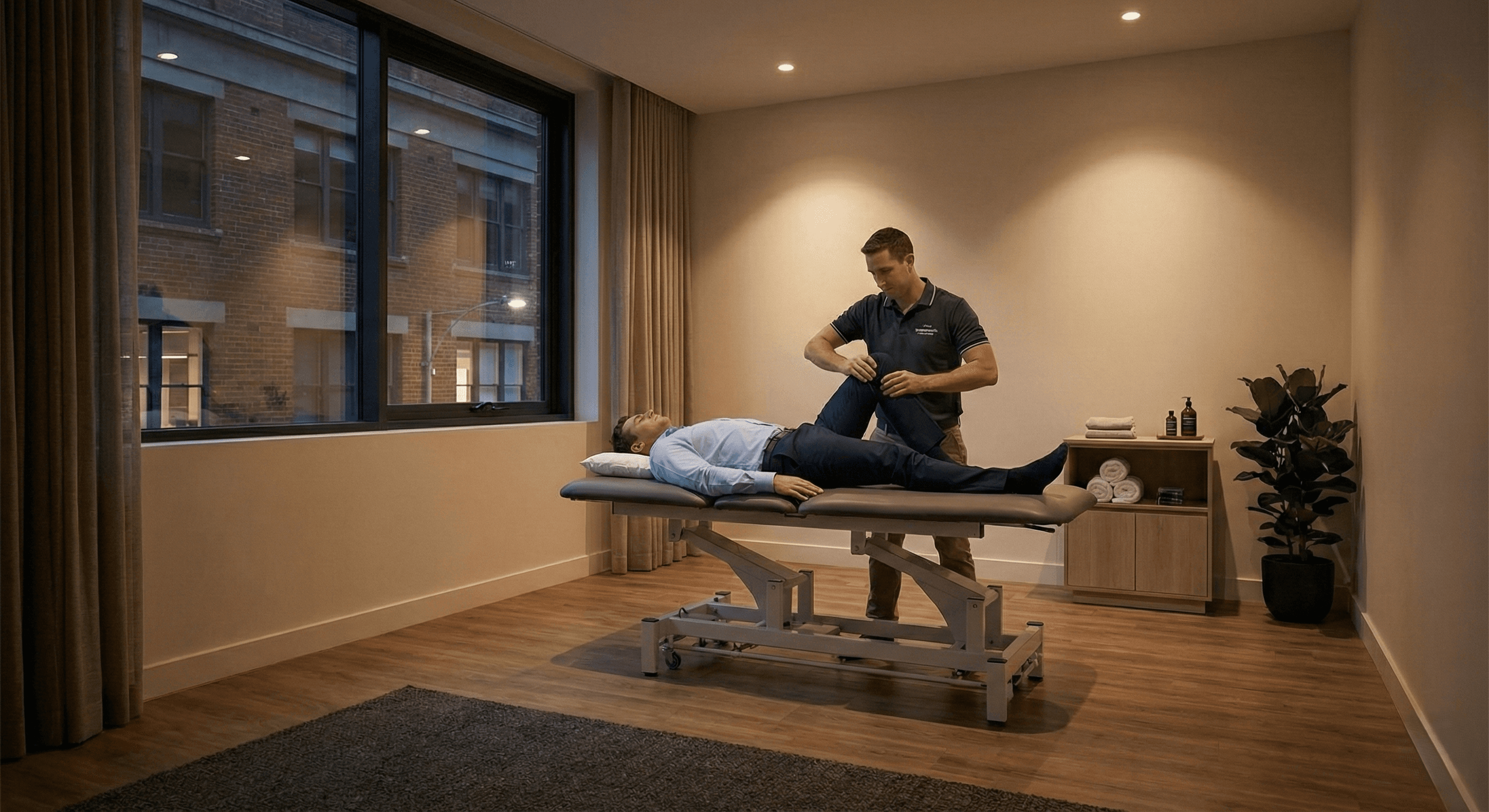Ein Physiotherapeut mobilisiert das Bein eines Patienten auf der Behandlungsliege.